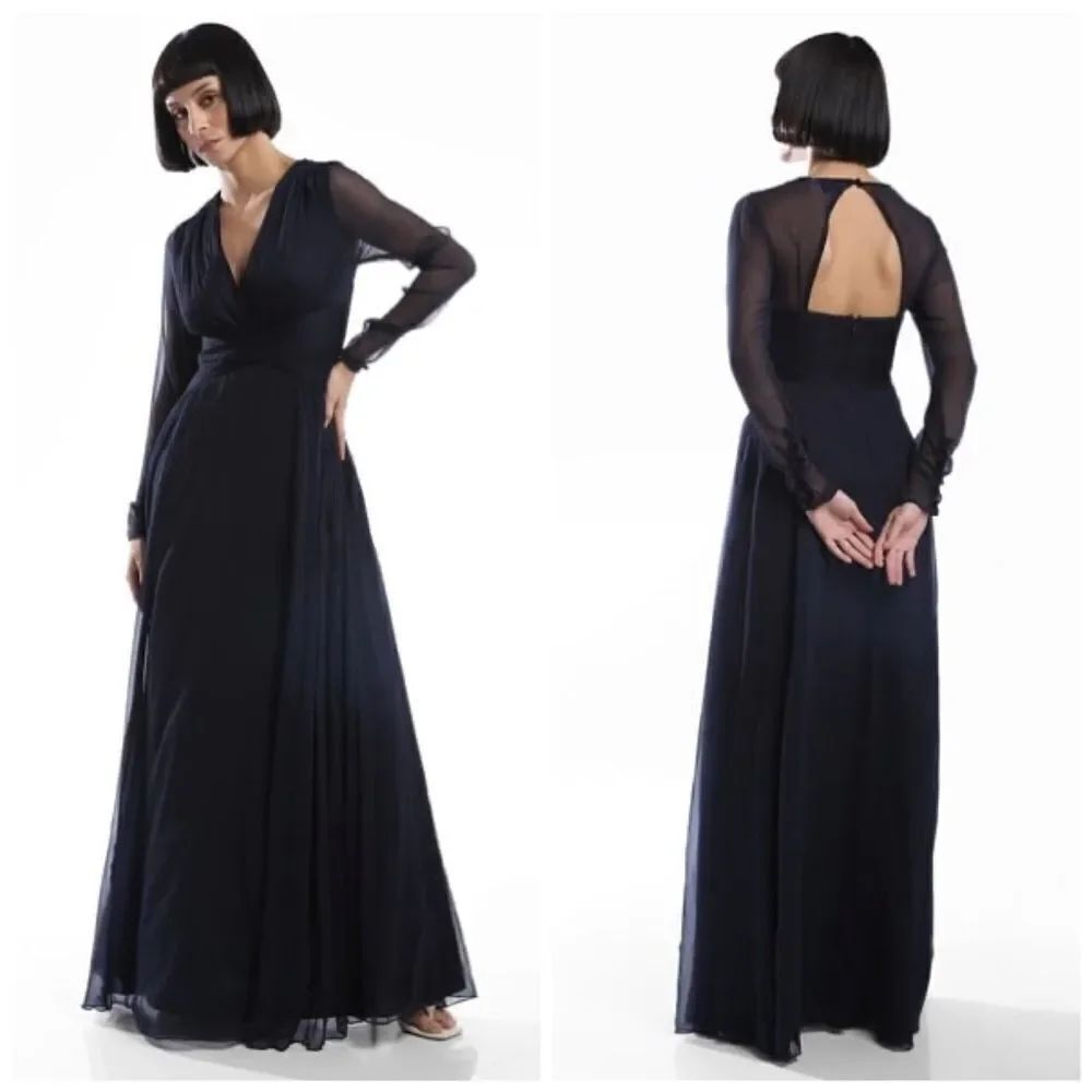 ASOS Navy Blue V-Neck Semi Sheer Evening Maxi Gown Dress